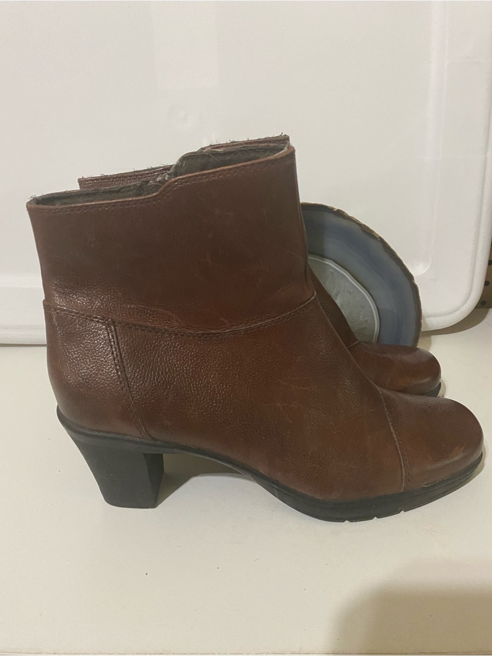Clarks Brown Leather Ankle Booties with Low Block Heel
